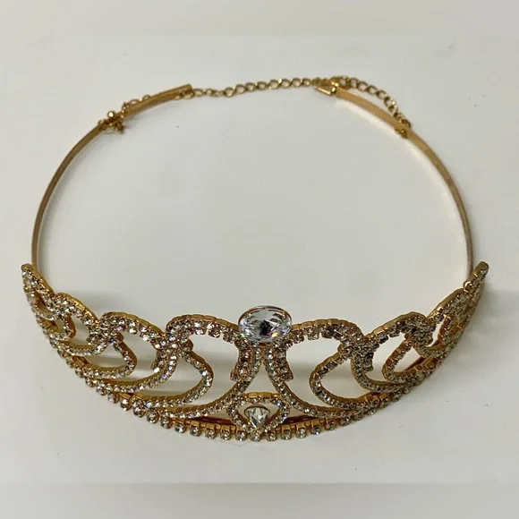 Mid Century Vintage Gold Tone Faux Diamond Jeweled Crown Tiara